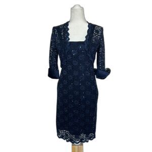 R&M RICHARDS Navy Sequin & Lace Lined Scalloped Hem Dress With Shrug 2 PC Sz 6